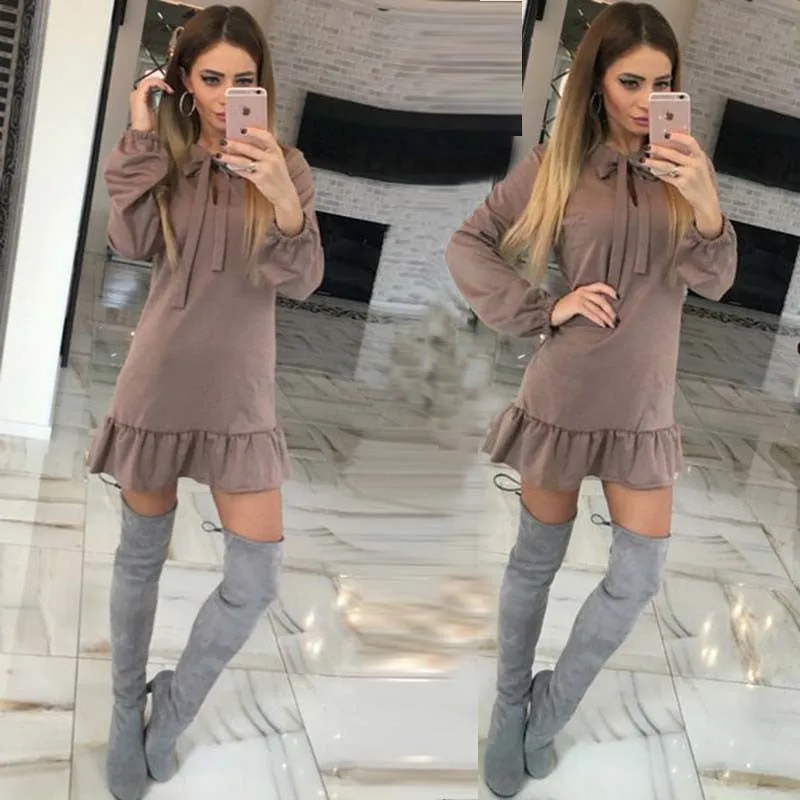 4 Color Autumn And Winter 100% Cotton Solid Women'S Dress Slim Long Sleeve Casual Autumn Dress Fashion Joker Pleated Dress