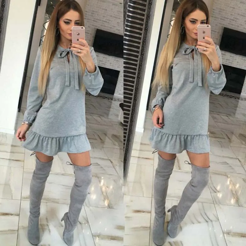 4 Color Autumn And Winter 100% Cotton Solid Women'S Dress Slim Long Sleeve Casual Autumn Dress Fashion Joker Pleated Dress