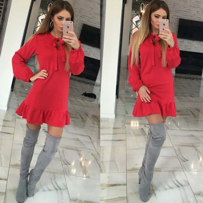 4 Color Autumn And Winter 100% Cotton Solid Women'S Dress Slim Long Sleeve Casual Autumn Dress Fashion Joker Pleated Dress