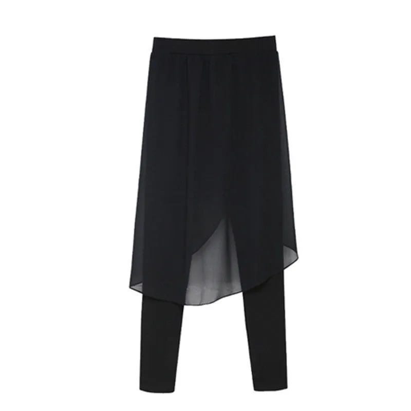 5XL Plus Size Women's Pant With Skirt Faux Two Pieces Leggings Fashion Stretch Leggins Chiffon Long Skirt Black XXXXXL XXXXL XXL