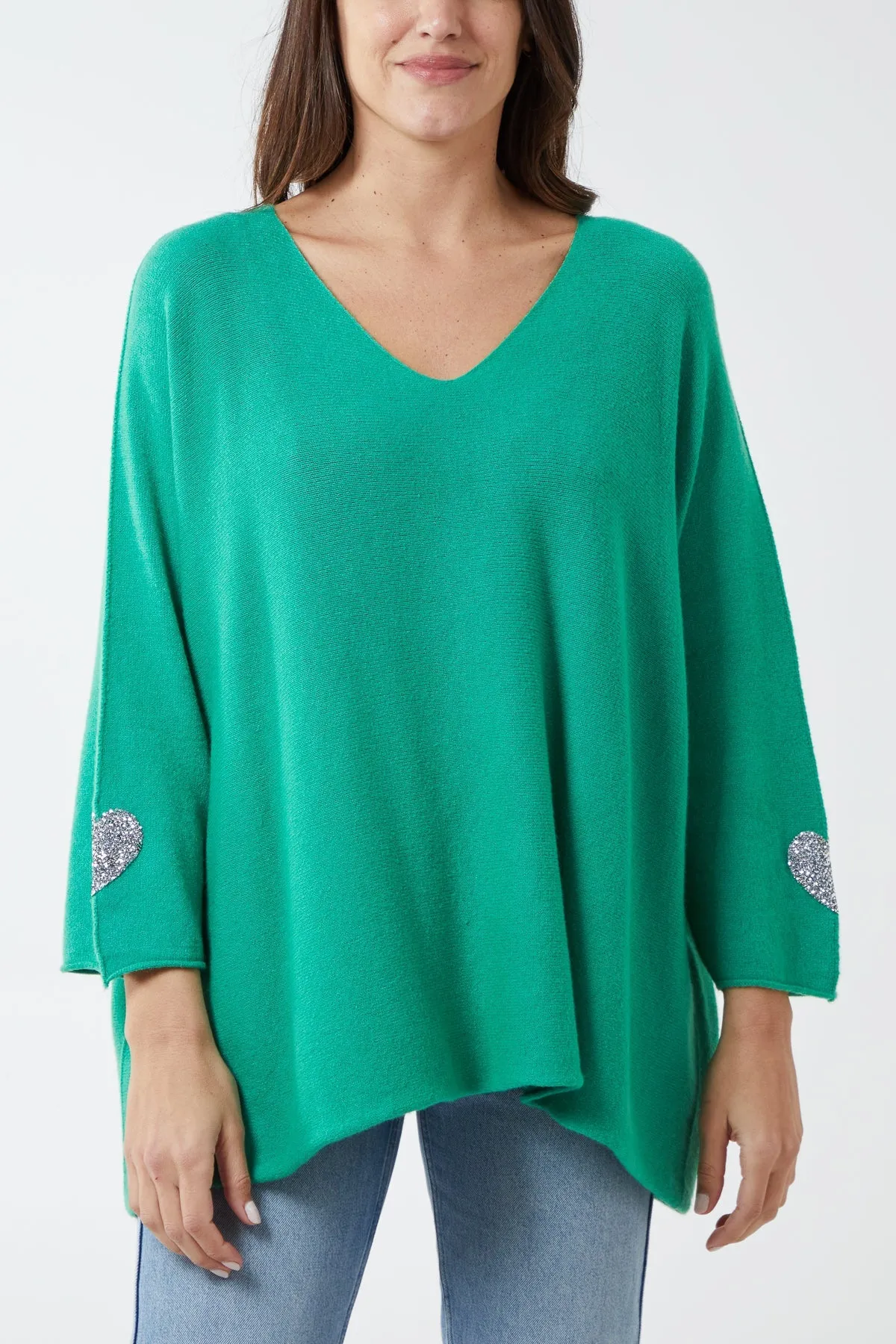 Appliqued Hearts Sleeves V-Neck Jumper