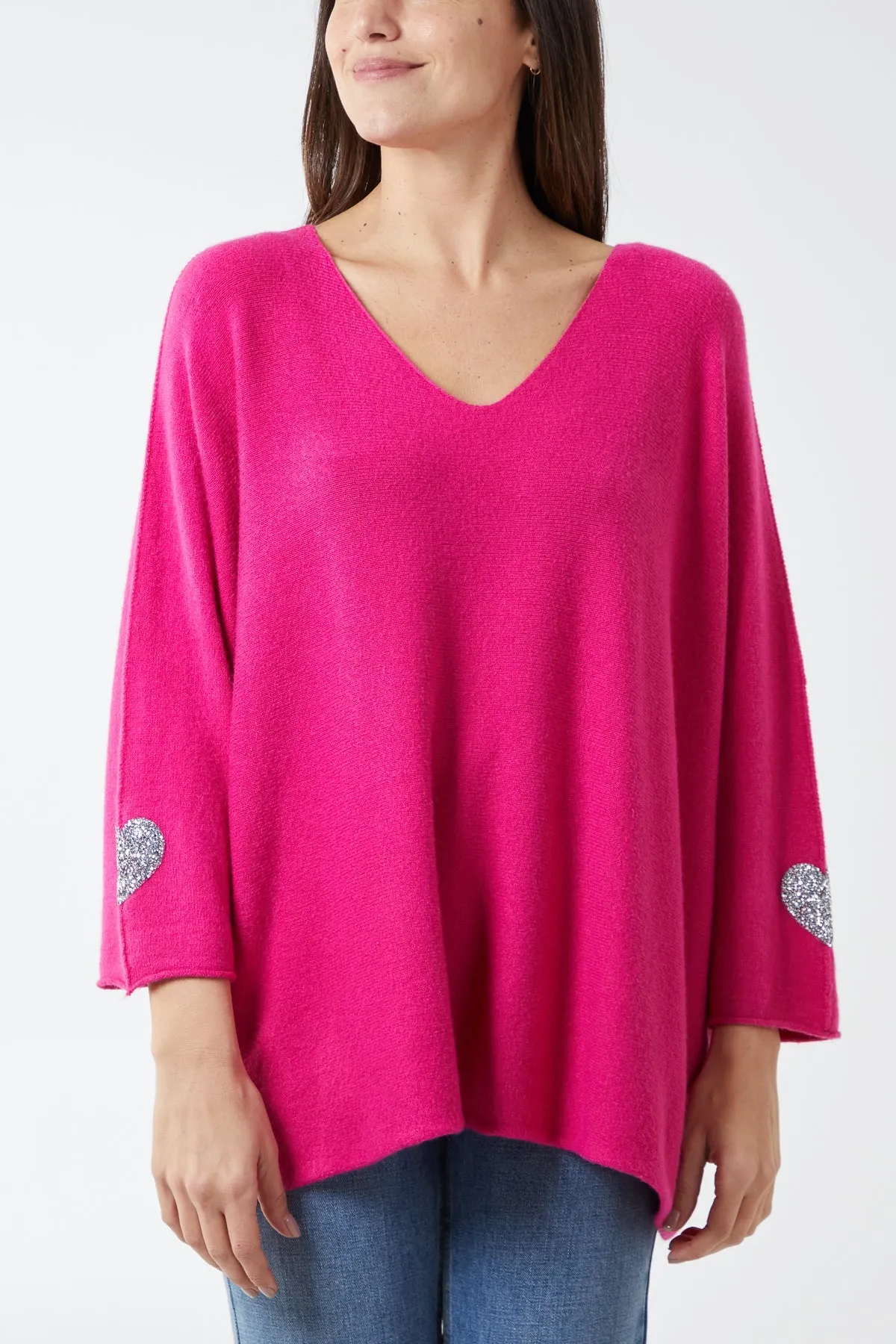 Appliqued Hearts Sleeves V-Neck Jumper
