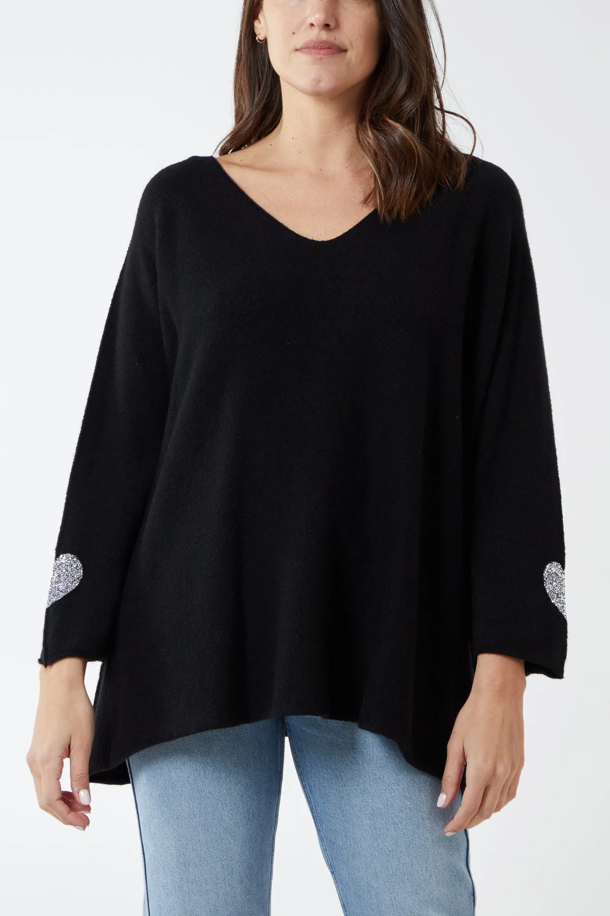 Appliqued Hearts Sleeves V-Neck Jumper