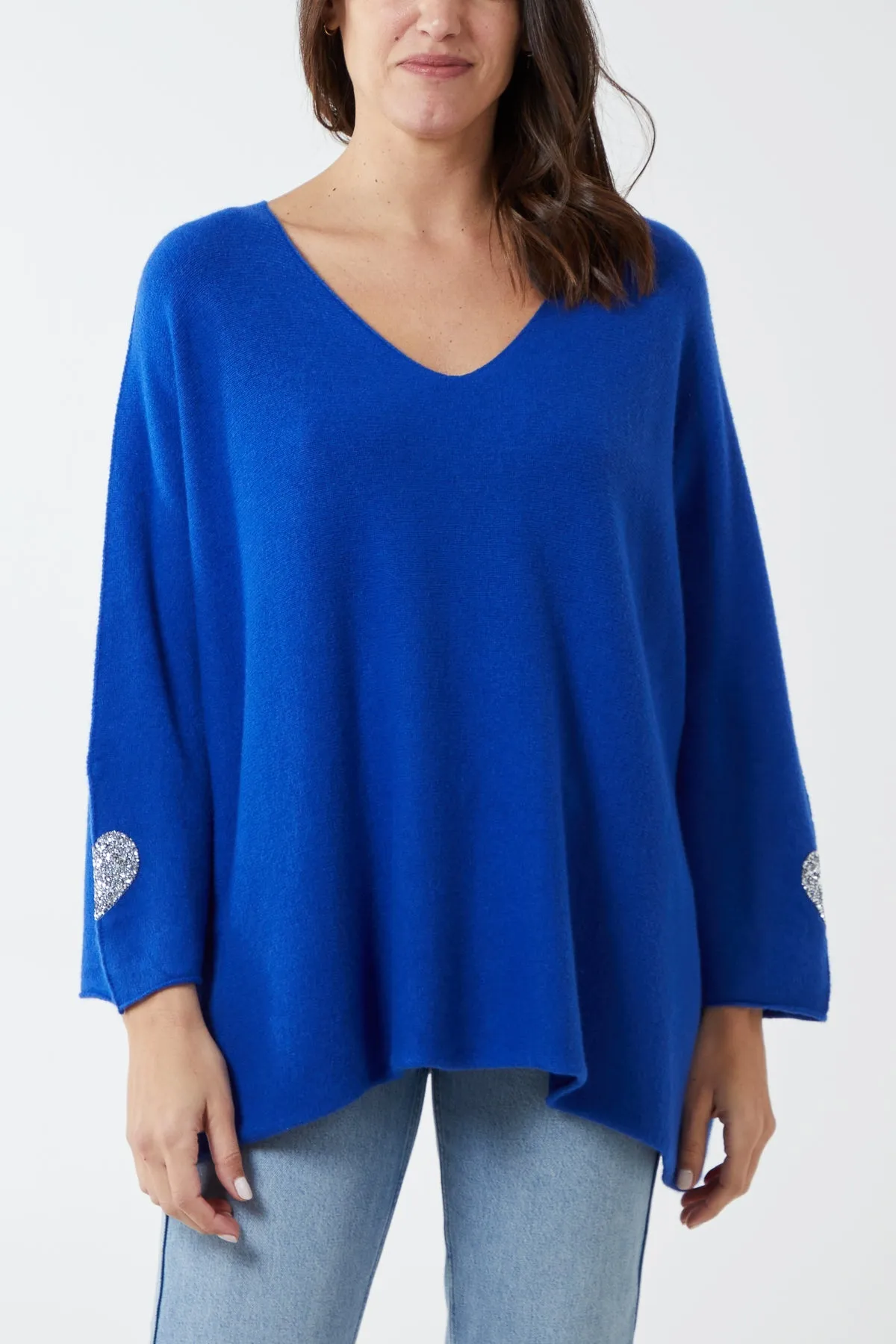 Appliqued Hearts Sleeves V-Neck Jumper