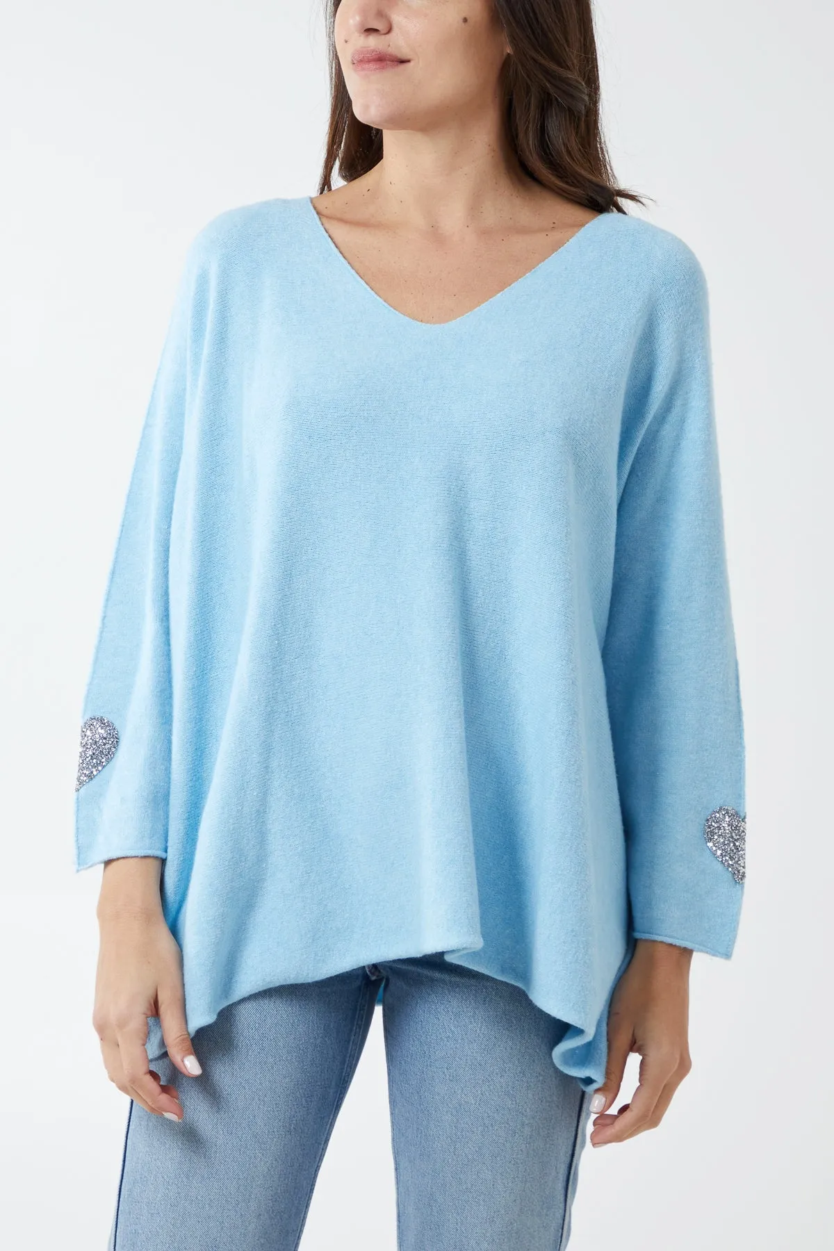 Appliqued Hearts Sleeves V-Neck Jumper