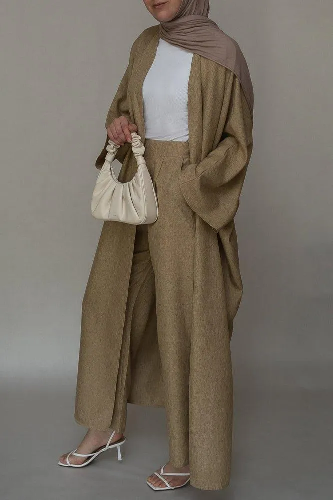 Blenda bisht throw over abaya in khaki