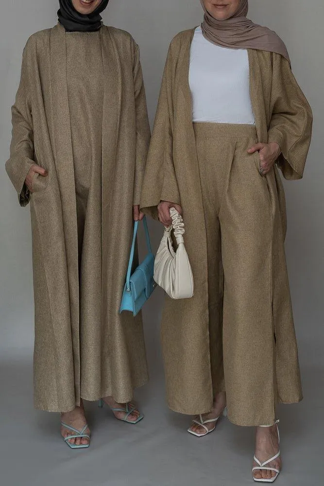 Blenda bisht throw over abaya in khaki