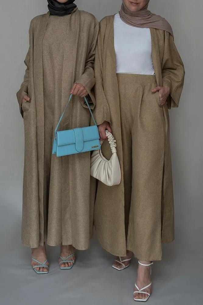 Blenda bisht throw over abaya in khaki