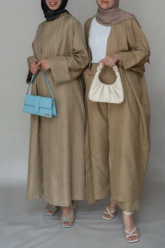 Blenda bisht throw over abaya in khaki