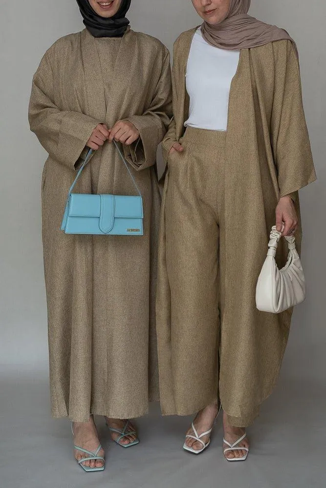 Blenda bisht throw over abaya in khaki