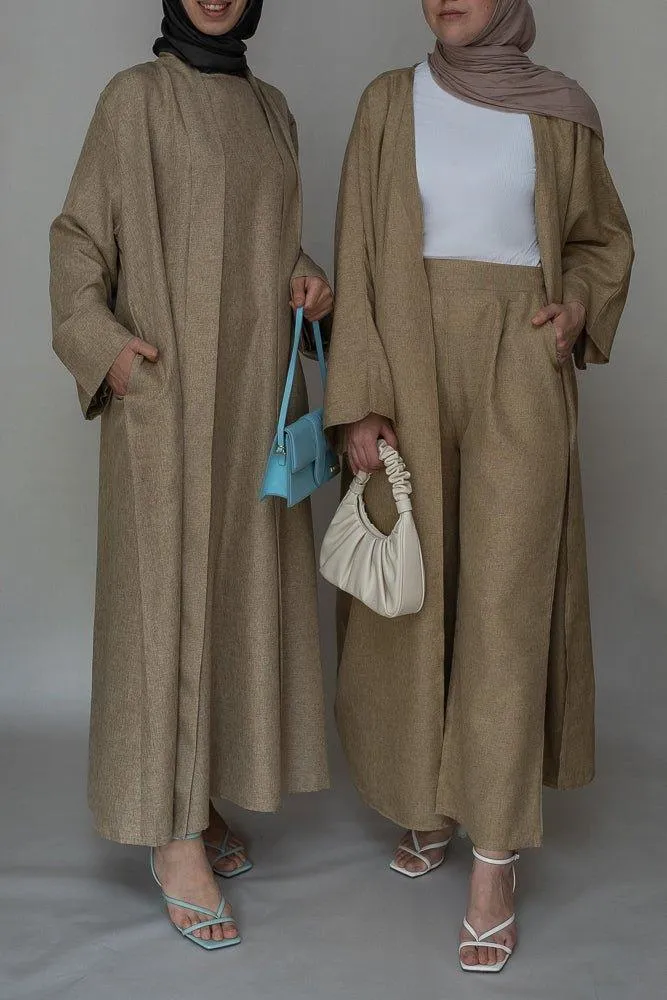 Blenda bisht throw over abaya in khaki