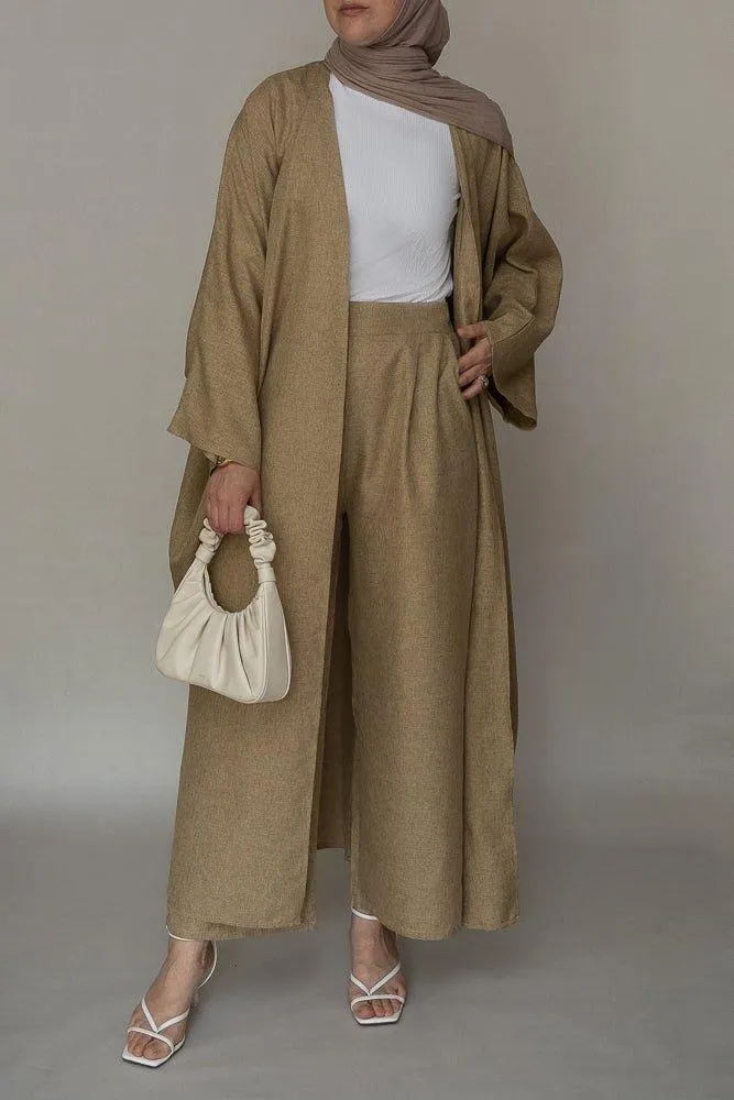 Blenda bisht throw over abaya in khaki