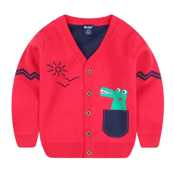Boys Cartoon Crocodile Cotton Knit Cardigan - Red, Navy Blue, Light Grey, Citric Green, Yellow