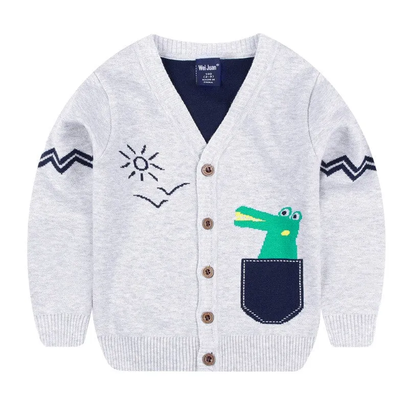 Boys Cartoon Crocodile Cotton Knit Cardigan - Red, Navy Blue, Light Grey, Citric Green, Yellow