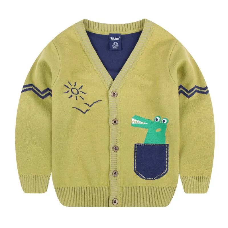 Boys Cartoon Crocodile Cotton Knit Cardigan - Red, Navy Blue, Light Grey, Citric Green, Yellow
