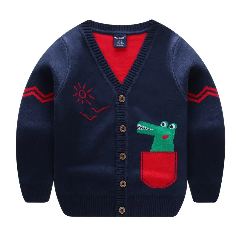 Boys Cartoon Crocodile Cotton Knit Cardigan - Red, Navy Blue, Light Grey, Citric Green, Yellow