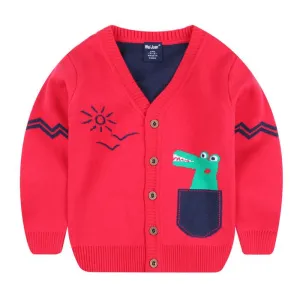 Boys Cartoon Crocodile Cotton Knit Cardigan - Red, Navy Blue, Light Grey, Citric Green, Yellow