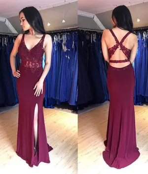 Burgundy v neck chiffon lace mermaid long prom dress, burgundy evening dress