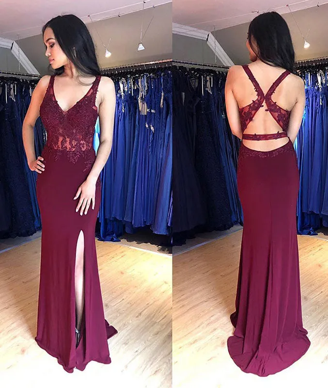 Burgundy v neck chiffon lace mermaid long prom dress, burgundy evening dress