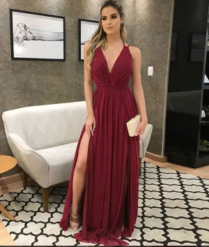 Burgundy v neck chiffon long prom dress, burgundy evening dress