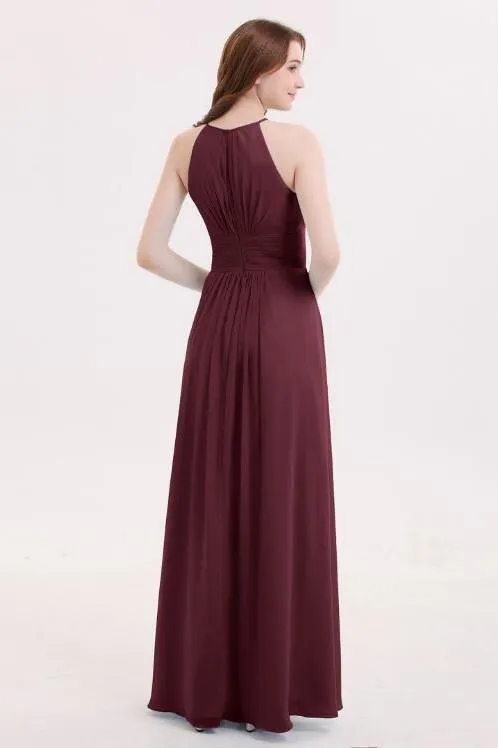 Cabernet Long Chiffon Wedding Guests Dresses with Pleated Bodice