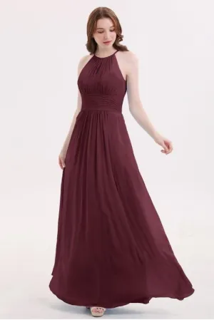 Cabernet Long Chiffon Wedding Guests Dresses with Pleated Bodice
