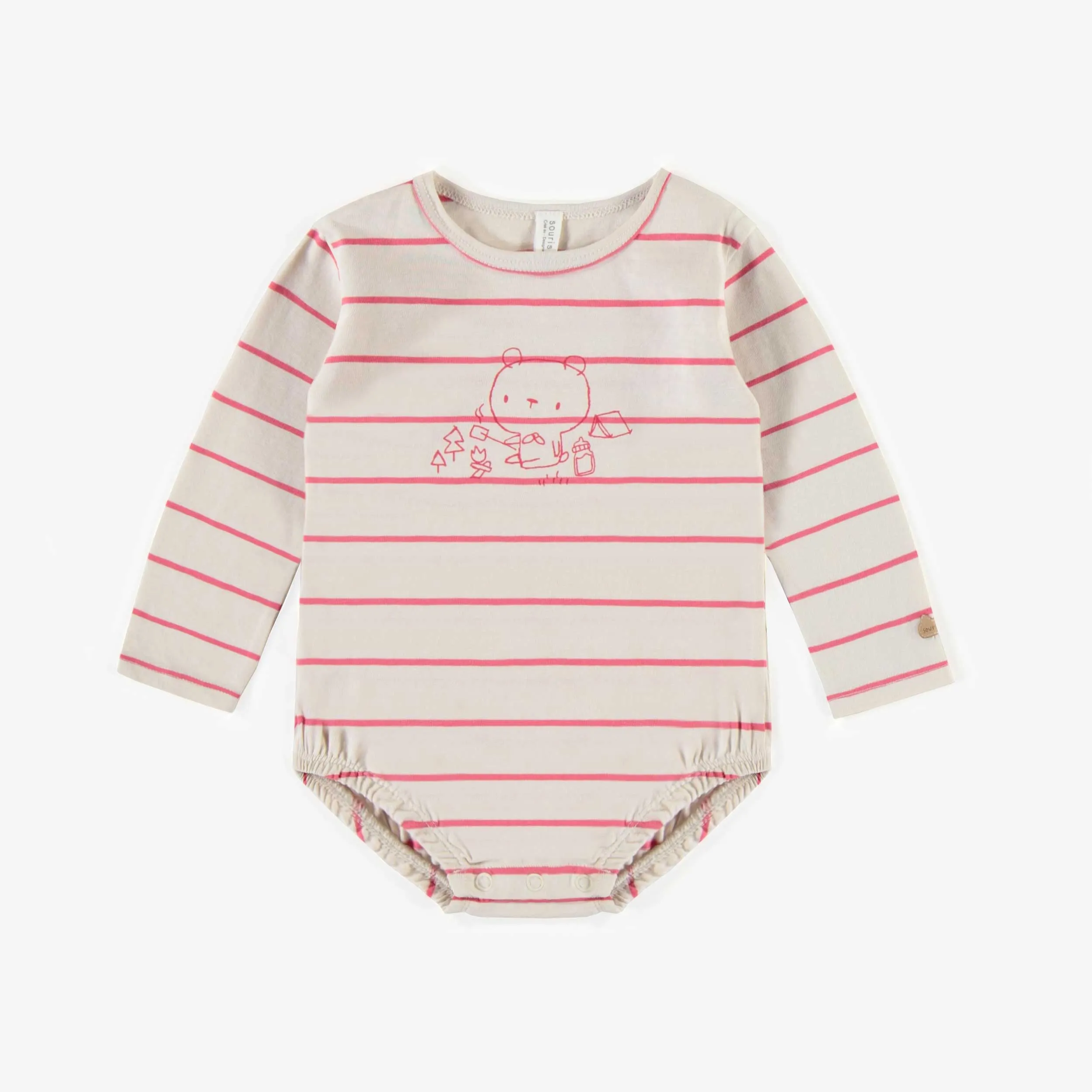 Cache-couche crème à motifs avec manches longues en coton biologique, naissance || Cream patterned long sleeve bodysuit in organic cotton, newborn