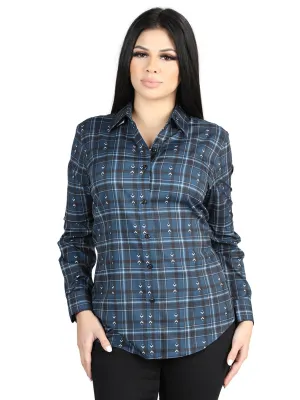 Camisa Vaquera Manga Larga Estampada Cuadros Marino/Blanco para Mujer 'El Señor de los Cielos' - ID: 44723