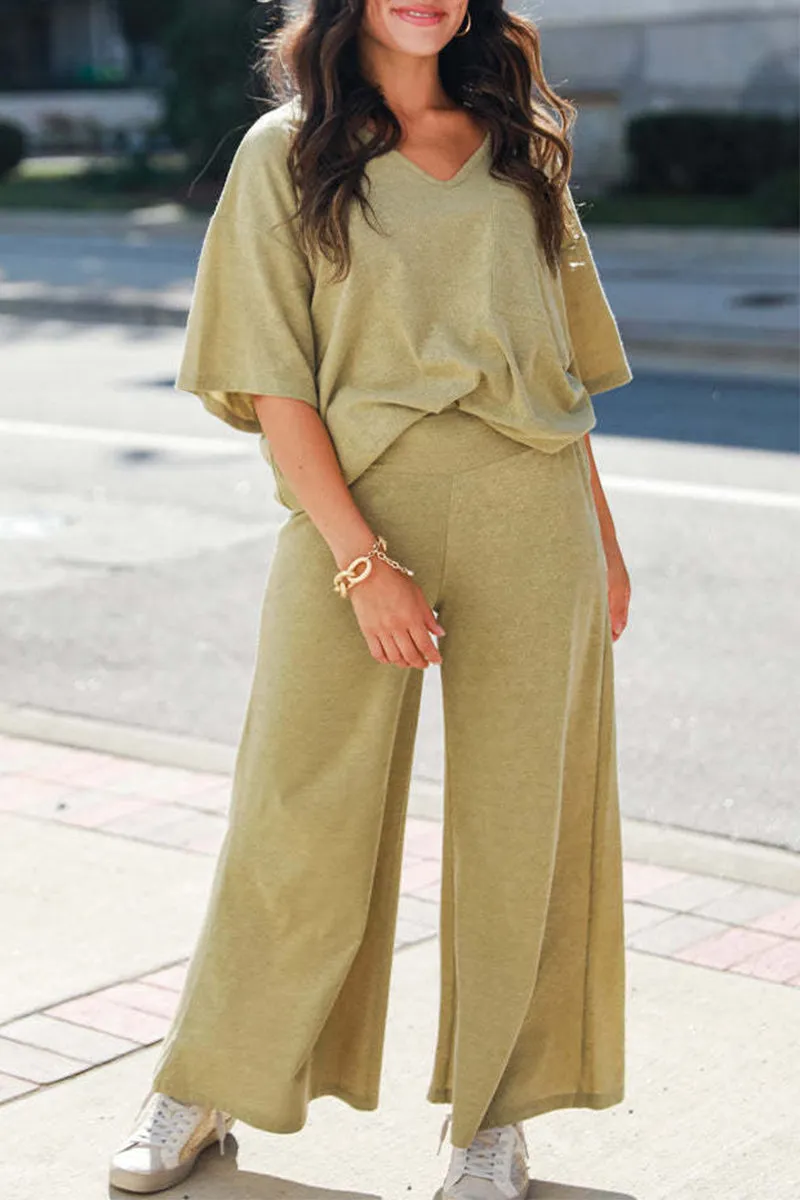 Casual Simplicity Solid Pocket V Neck Short Sleeve Two Pieces(4 Colors)