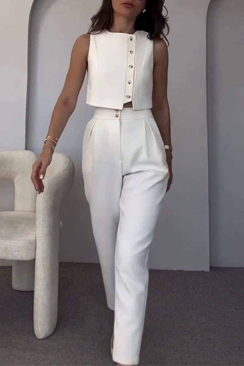 Casual Solid Color Pocket Buttons O Neck Sleeveless Two Pieces