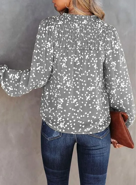 Casual V Neck Alicia Floral Print Smocked Long Sleeve Chiffon Blouses Bohemian Top