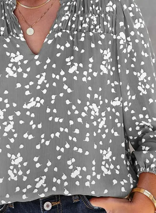 Casual V Neck Alicia Floral Print Smocked Long Sleeve Chiffon Blouses Bohemian Top