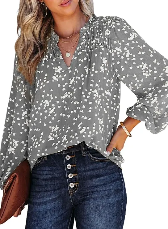 Casual V Neck Alicia Floral Print Smocked Long Sleeve Chiffon Blouses Bohemian Top