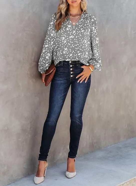 Casual V Neck Alicia Floral Print Smocked Long Sleeve Chiffon Blouses Bohemian Top