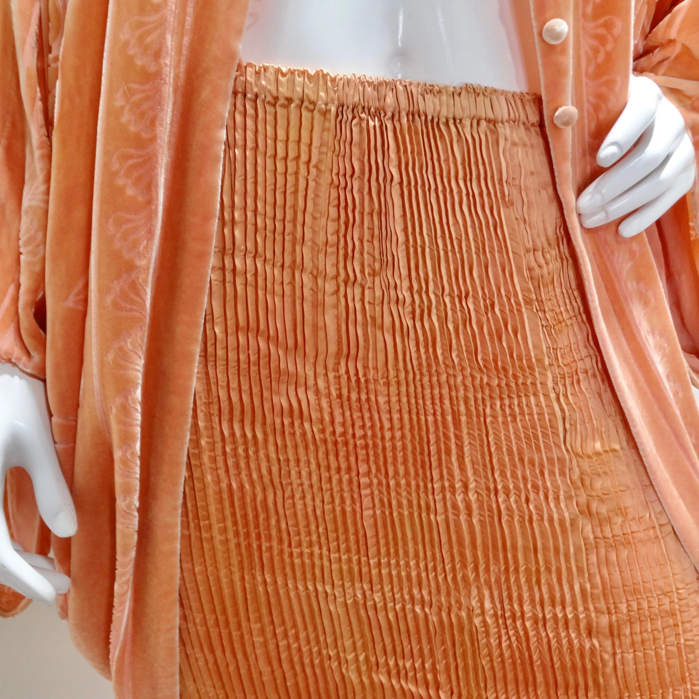 Charles Patricia Lester 1970s Fortuny Style Burnt Velvet Pleated Top & Skirt Set