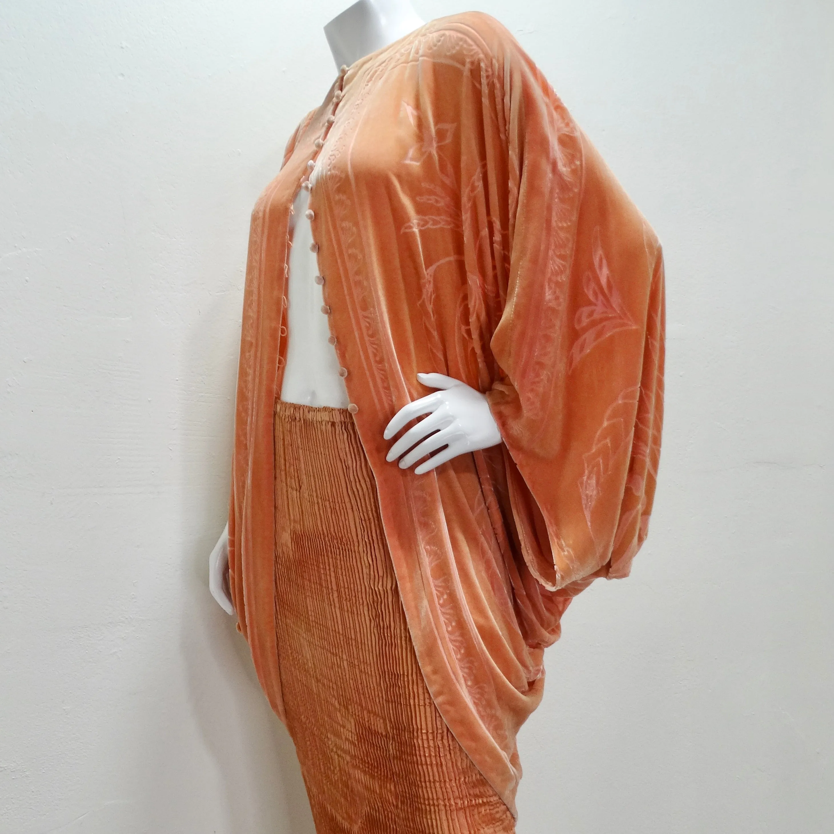Charles Patricia Lester 1970s Fortuny Style Burnt Velvet Pleated Top & Skirt Set