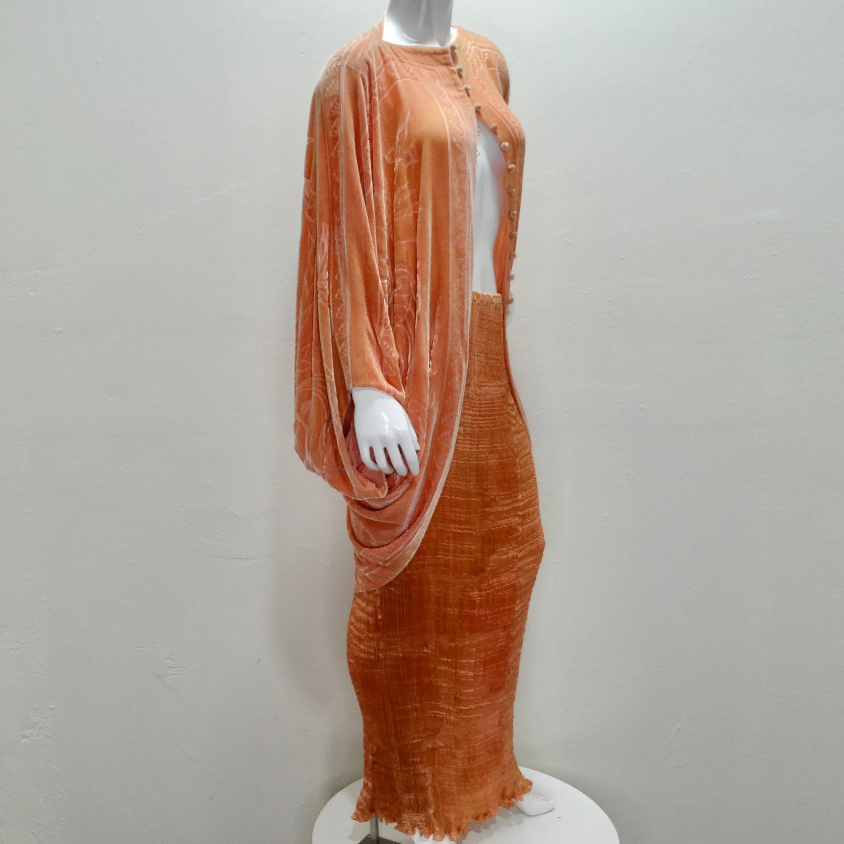 Charles Patricia Lester 1970s Fortuny Style Burnt Velvet Pleated Top & Skirt Set