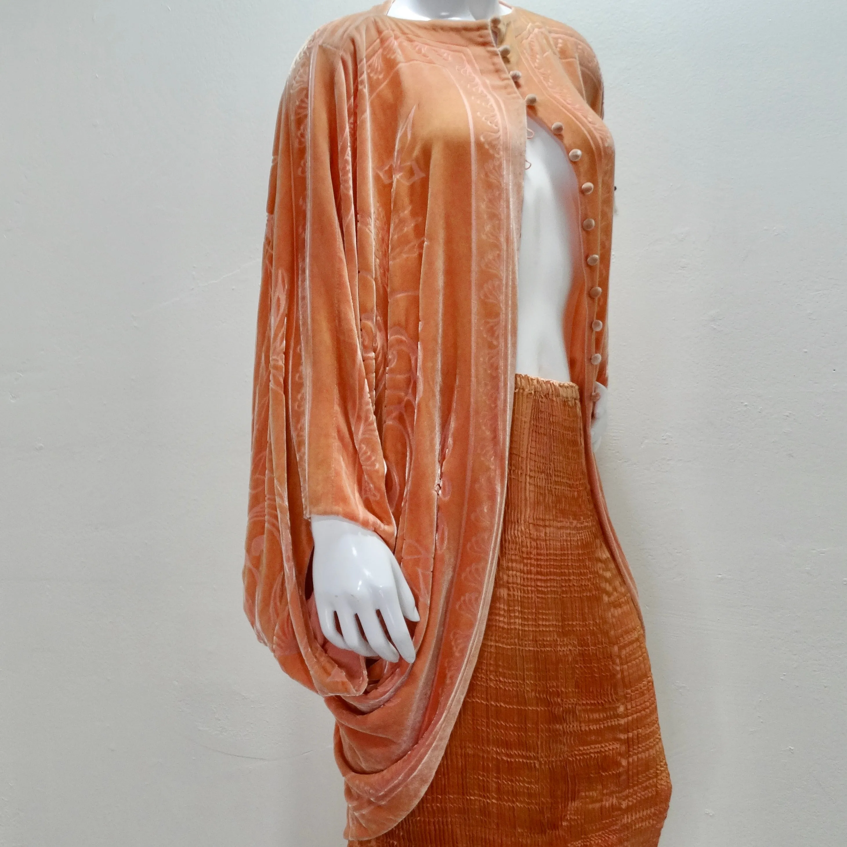 Charles Patricia Lester 1970s Fortuny Style Burnt Velvet Pleated Top & Skirt Set