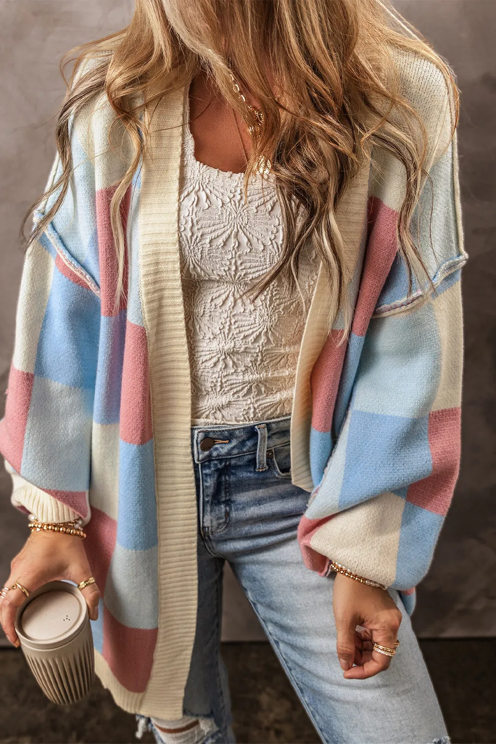 Checkered Drop Shoulder Exposed Seam Open Front Cardigan