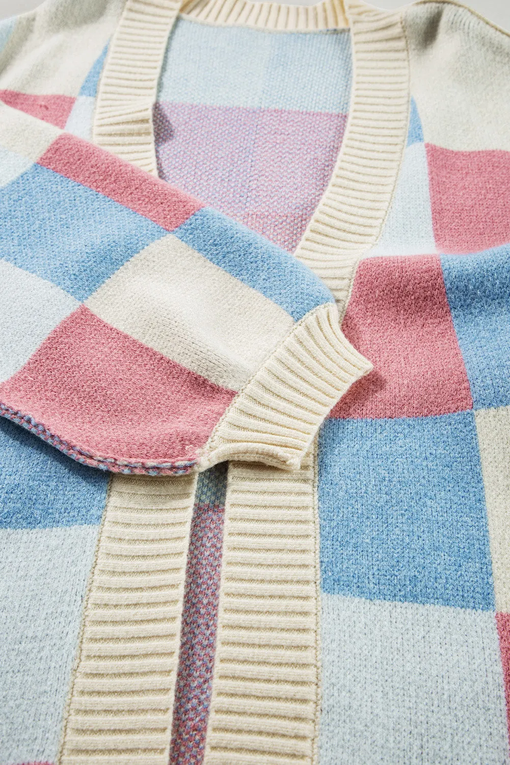 Checkered Drop Shoulder Exposed Seam Open Front Cardigan