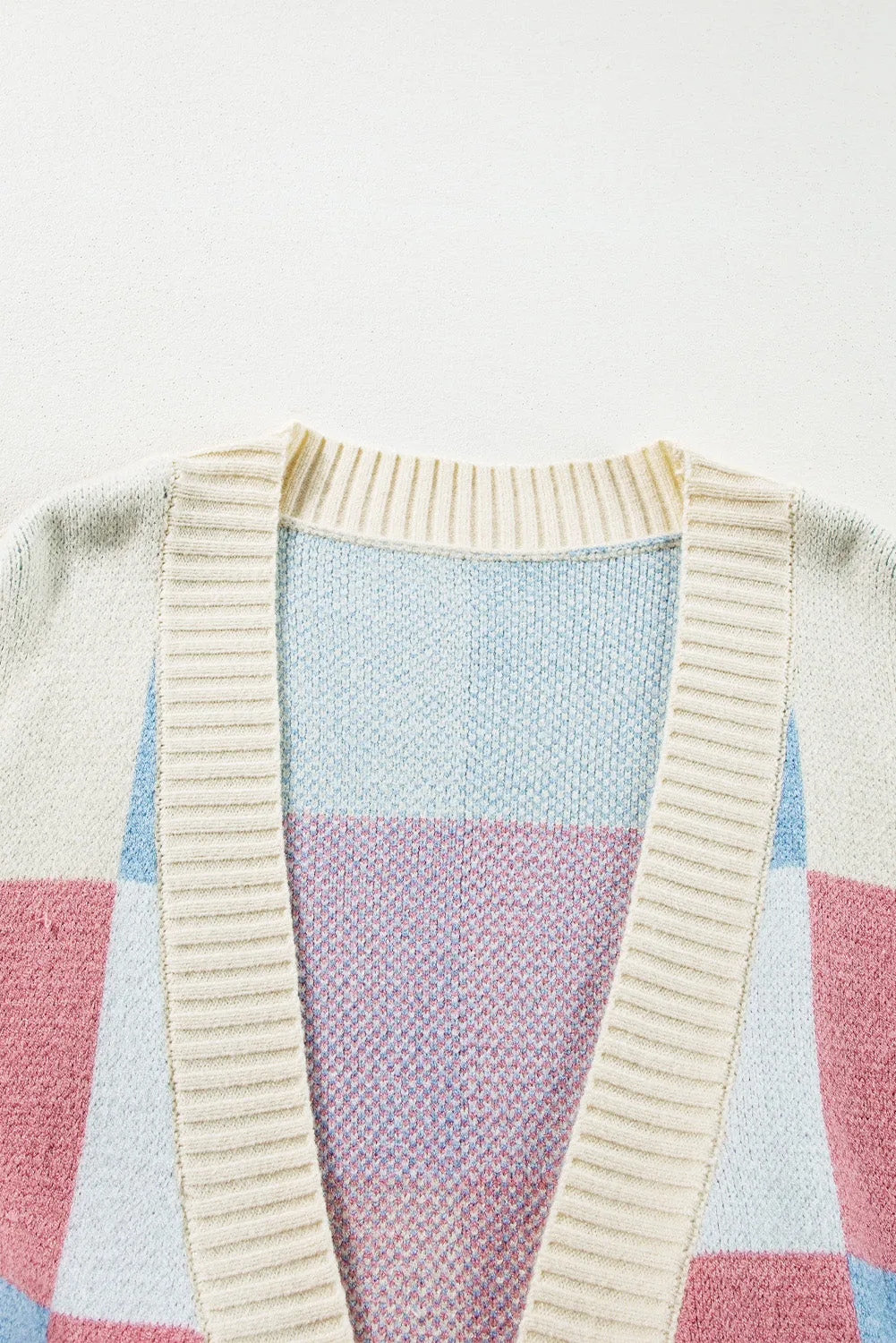 Checkered Drop Shoulder Exposed Seam Open Front Cardigan
