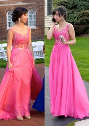 Chiffon Long A-Line Sleeveless Bateau Prom Party Evening Dress, Lace
