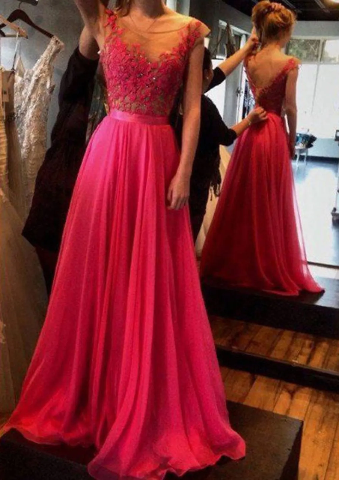 Chiffon Long A-Line Sleeveless Bateau Prom Party Evening Dress, Lace