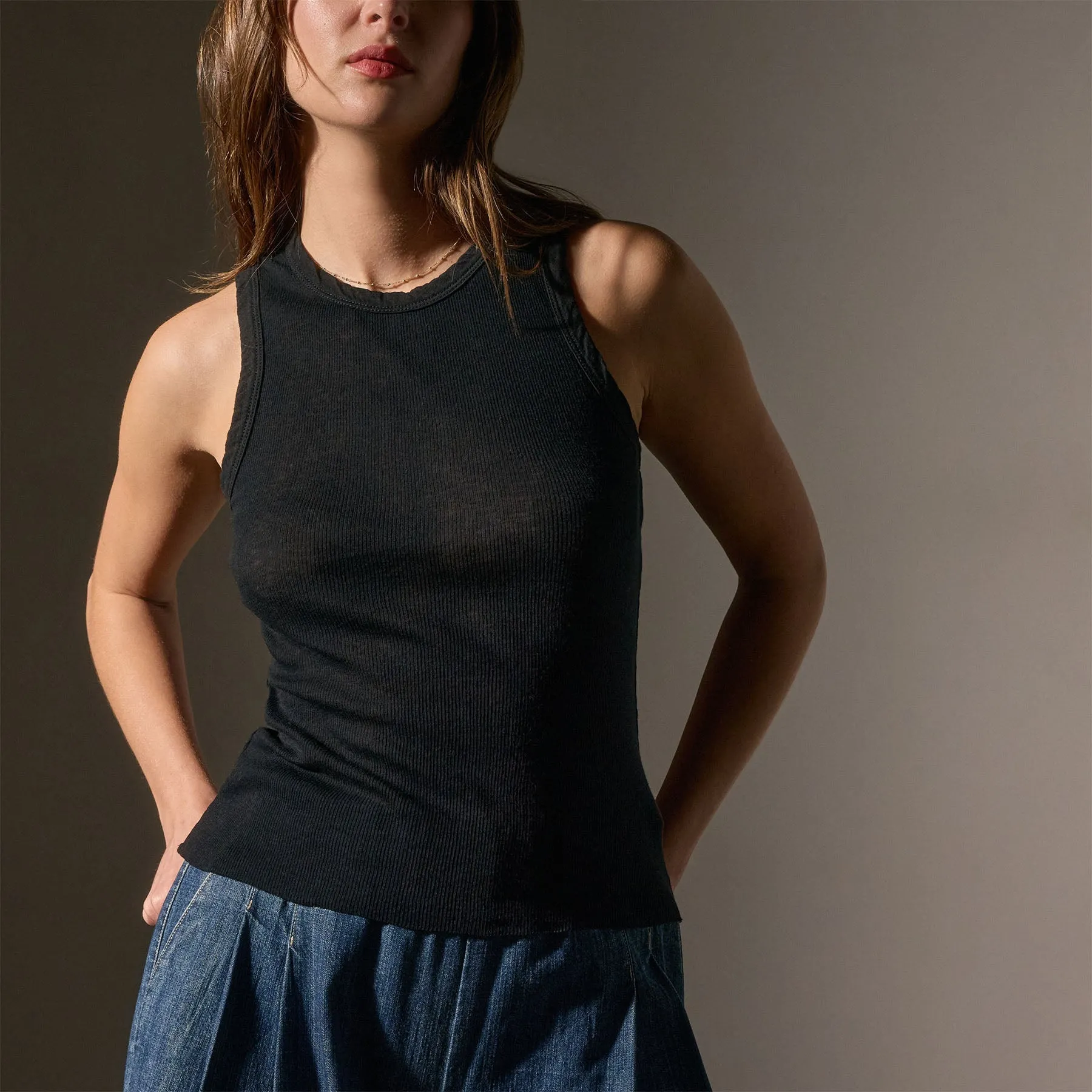 Cotton Cashmere Rib Shell Top - Black