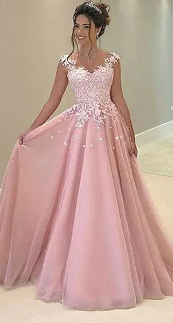 Cute Pink chiffon lace prom dress, pink evening dress