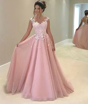 Cute Pink chiffon lace prom dress, pink evening dress