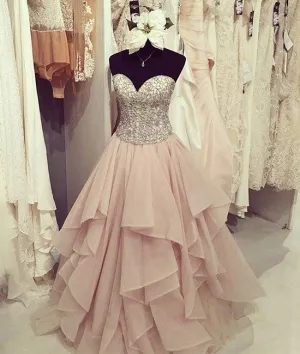 Cute sweetheart neck sequin chiffon long prom dress, evening dress