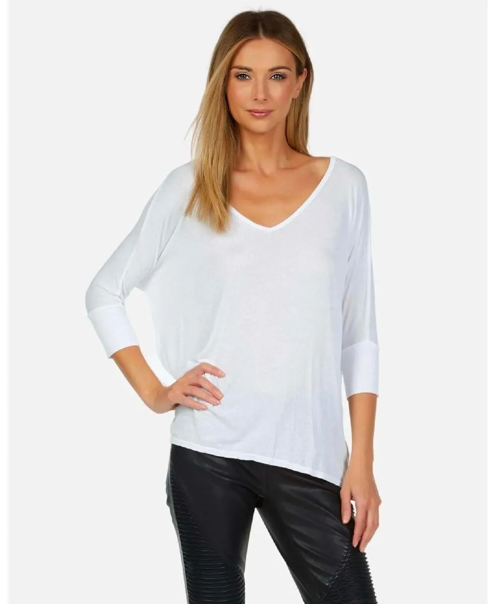 Dylan 3/4 VNeck Draped Tee White