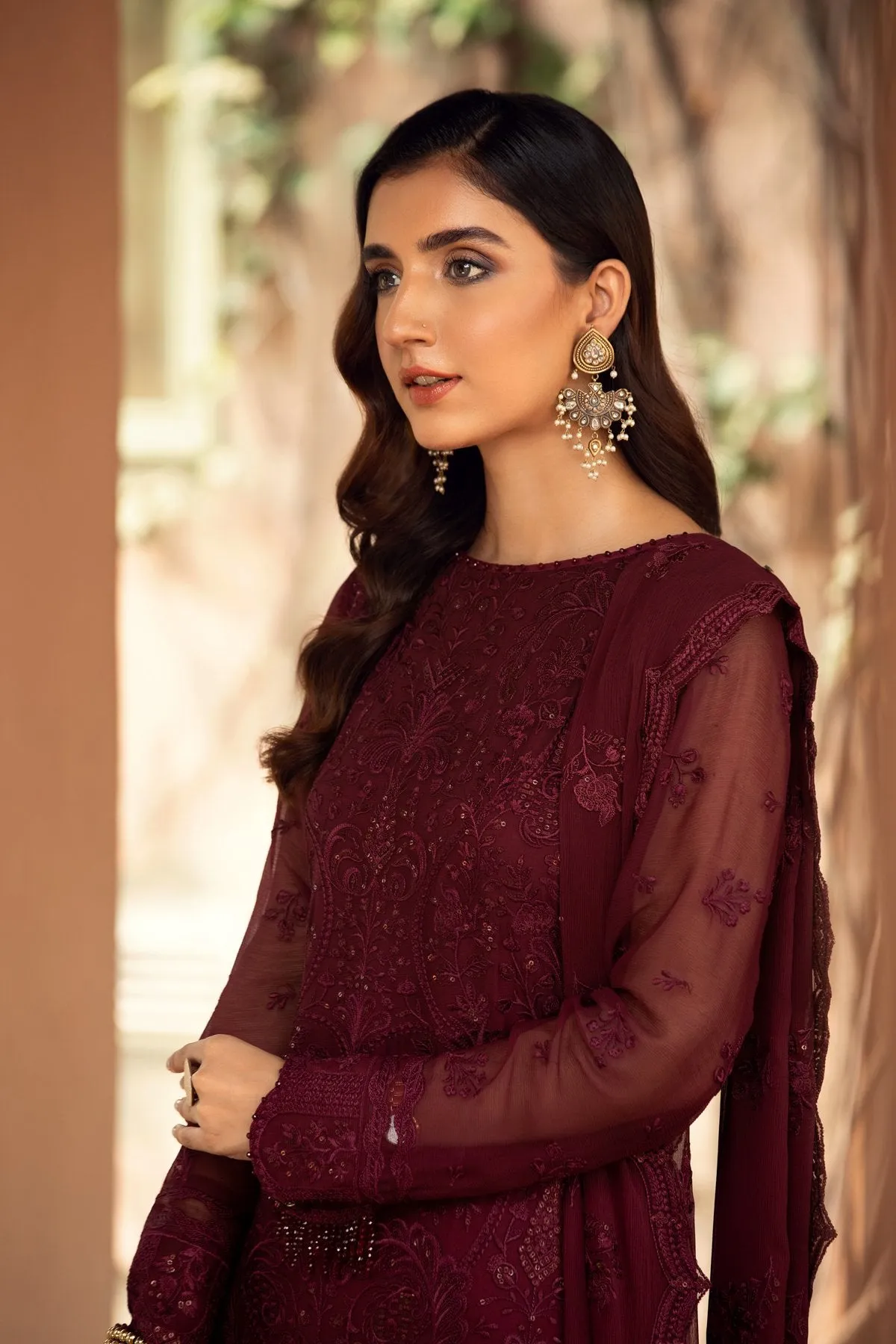 Embroidered Chiffon Party Dress In Plum Shade #PF141