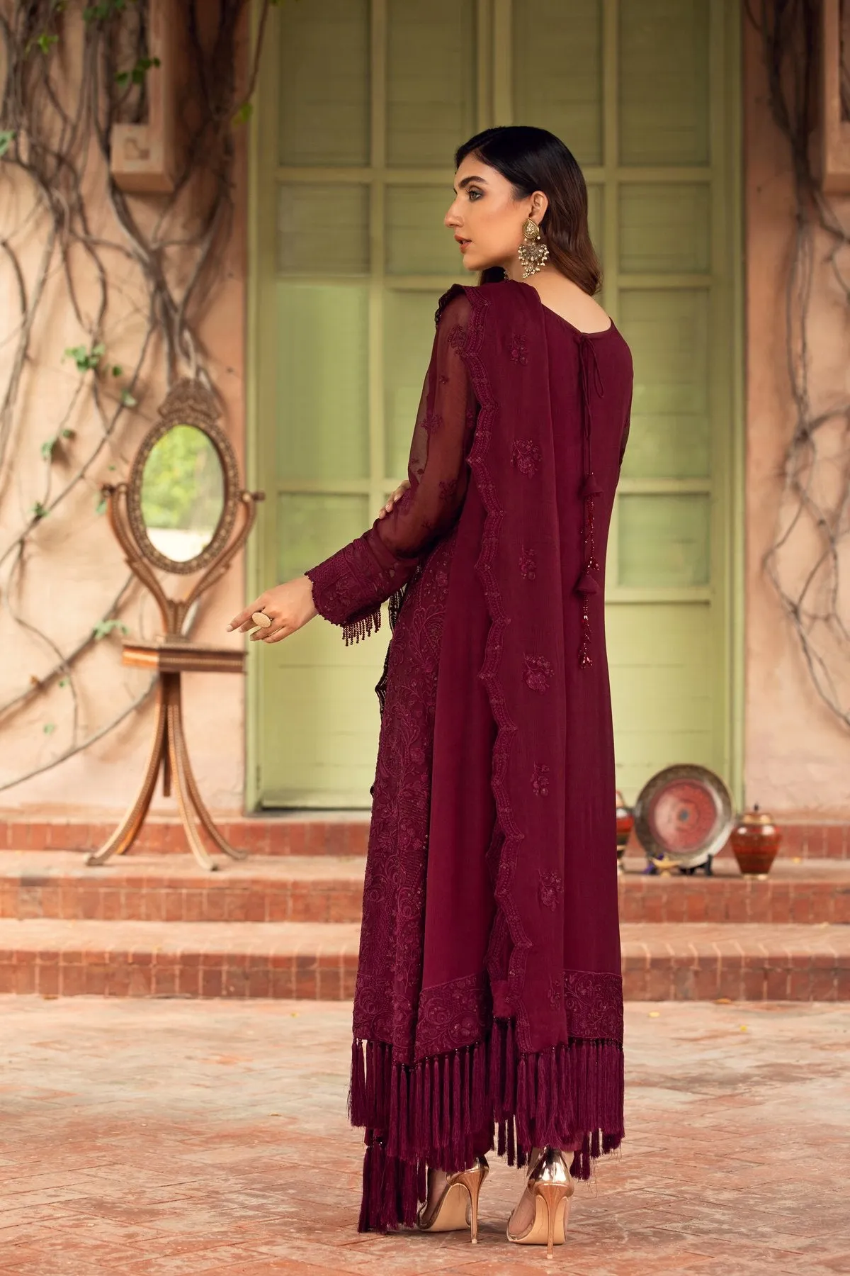 Embroidered Chiffon Party Dress In Plum Shade #PF141